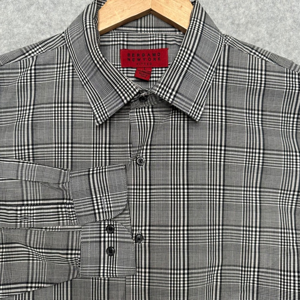 Bergamo New York Mens Large Fitted Glen Plaid Button Down Shirt Black White L
